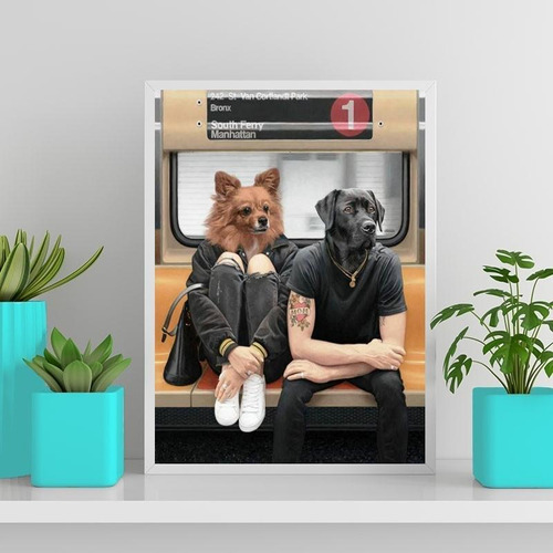 Quadro Montagem Cães Pessoas Metrô 33x24cm Com Vidro Branca