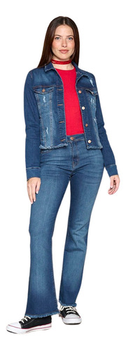 Jeans Oxford Azul Mujer Fleco Elastizado Tiro Alto Tendencia