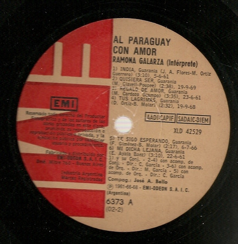 Vinilo Lp Al Paraguay Con Amor Ramona Galarza - Sin Tapa