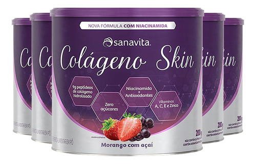 Kit 5 Colágeno Skin Sanavita Morango E Açaí 200g