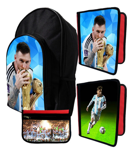 Mochila +2 Carpetas+ Cartu De Messi Copa Qatar #583