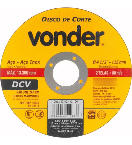 Disco De Corte Metal Milimetrico X 25 Unidades 4 1/2 Vonder