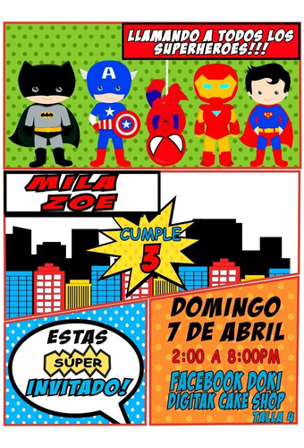 Invitacion Digital Imprimible De Super Heroes Tipo Comic