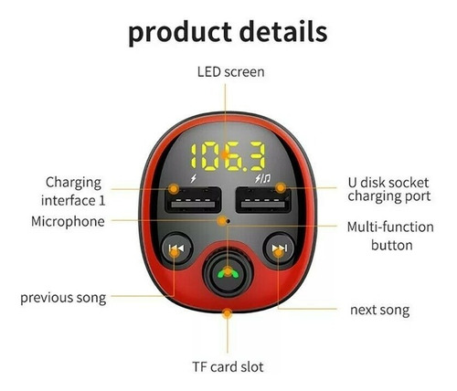 Cargador Usb Doble C/transmisor Fm Y Manos Libres Bt Auto