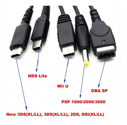 Imagen 1 de 6 de Cable Carga 5 En 1  Nintendo 3ds/ndsl/gbasp/wiiu Y  Sony Psp