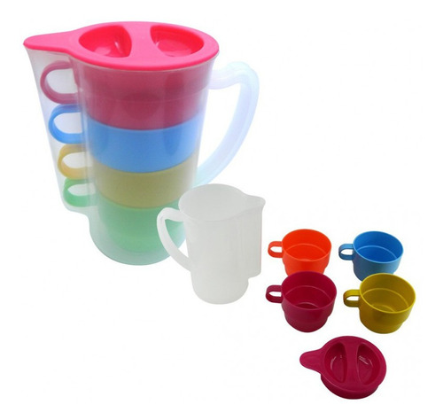 Jarra Todo En Uno En Plastico Incluye 4 Mugs De 7 Onz Y Tapa