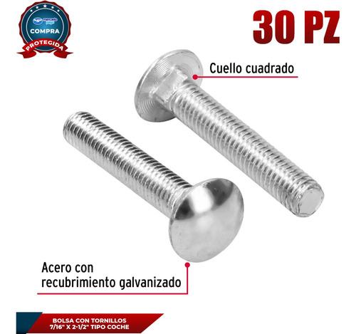 Bolsa Con 30 Tornillos 7/16 X 2-1/2 Tipo Coche Fiero 44741