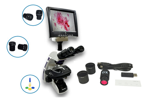 Microscopio Trinocular 1600x C/ Monitor + Câmera 2mp Usb