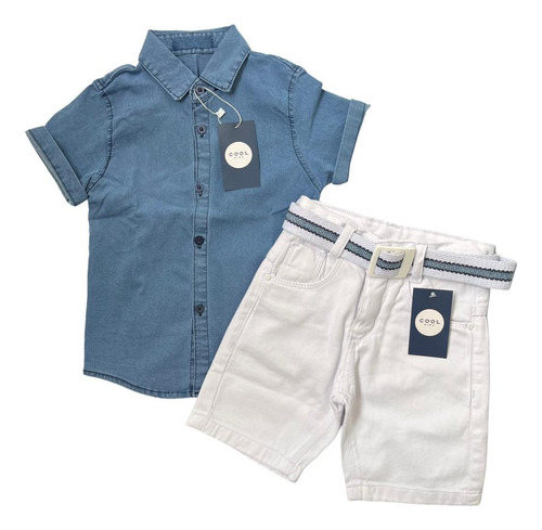 Conjunto Branco Infantil Bermuda Jeans Camisa Jeans