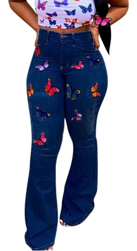 Pantalón Vaquero Mujer Bordado Mariposa Elástico Denim Casua