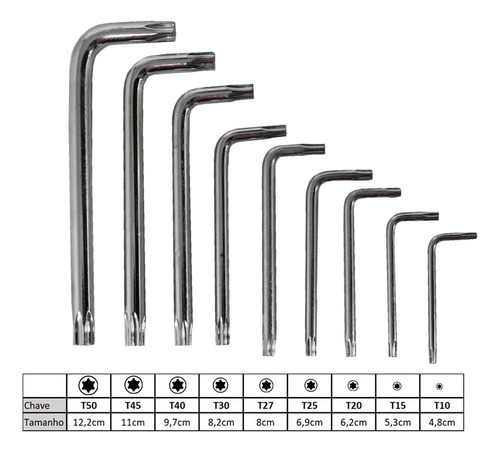 Jogo De Chave Torx Tipo L Torque Longo Cromo Vanádio 9 Peças