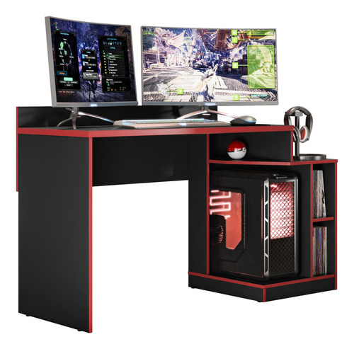 Escritorio - Muebles Web - Linea Gamer - Modelo Escalonado - Negro/rojo