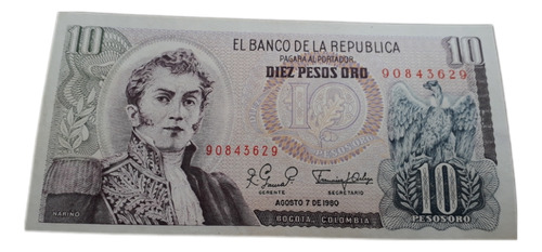 Colombia 10 Pesos 7 De Agosto 1980 Excelente Estado