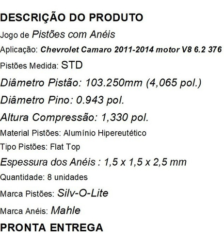 Pistões Anéis Std Camaro 6.2 11 12 13 14 Motor Ls Standard