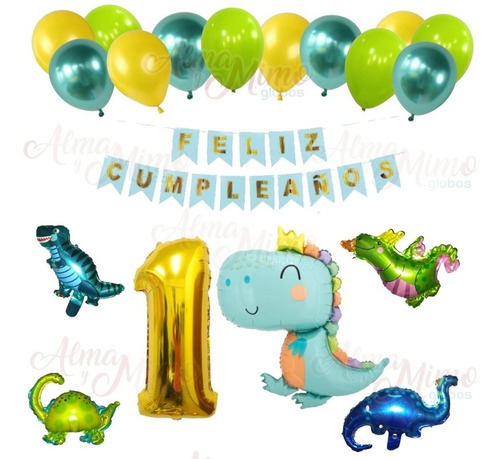 Combo  Globos Dino Bebé + Nro + Banderín + Látex ( 16 U ) 