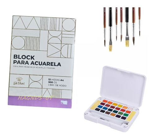 Kit De Acuarelas Profesionales X24 + 7 Pinceles + Block A4