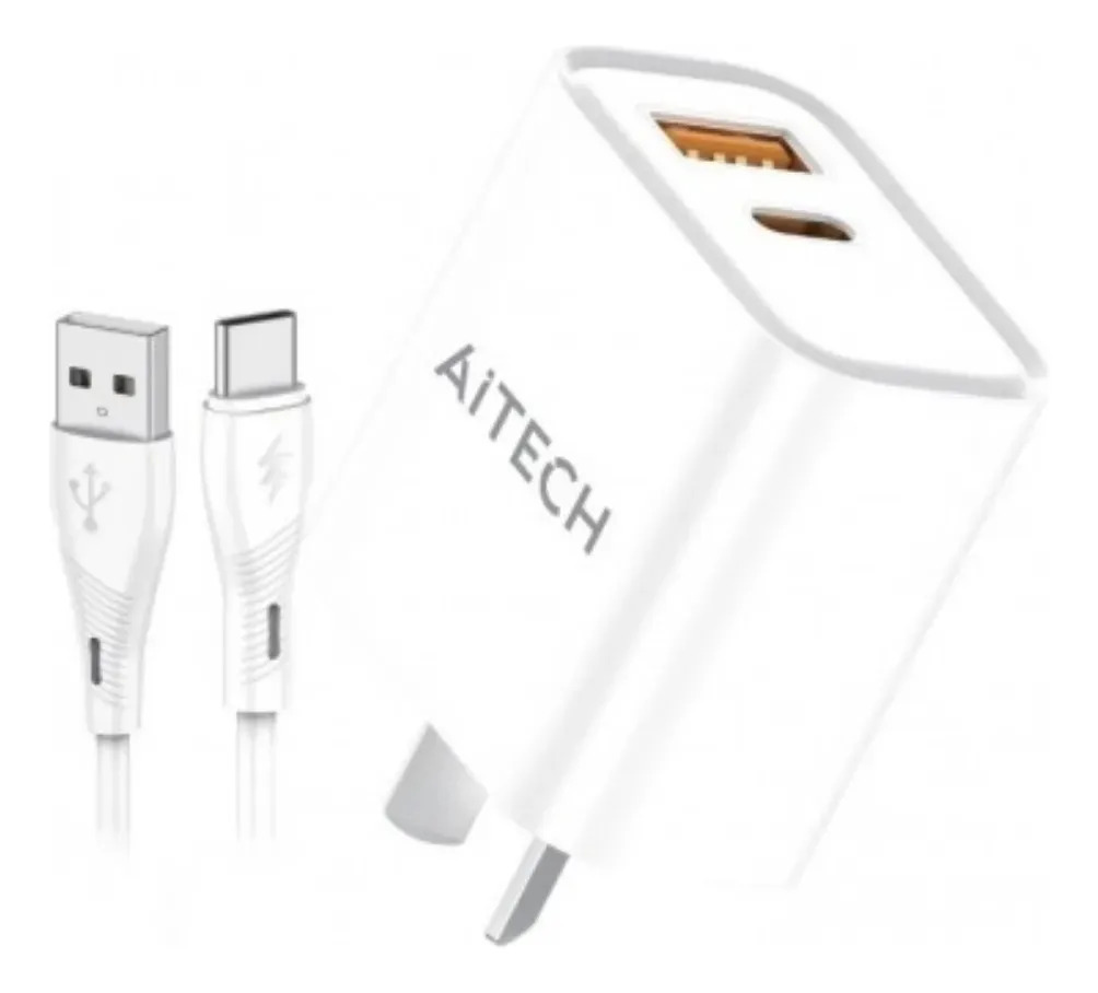 Cargador Pared Aitech 45w Carga Rapida 2 Puertos Usb Tipo C Quick Charge Qc3 Pps Cable Incluido Compatible iPhone Samsung Xiaomi Motorola Celular Tablet Notebook Adaptador Enchufe Compacto Viaje Hogar
