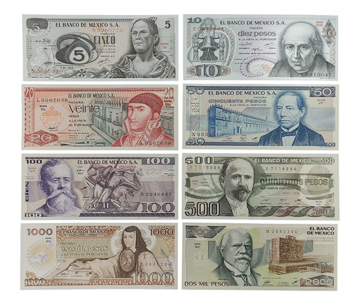Set Billetes Mexico 5, 10, 20, 50, 100, 500, 1000 Y 2000 Unc
