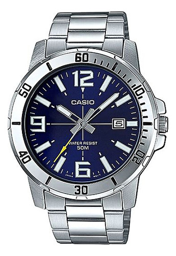 Relógio Masculino Casio Prata Fundo Azul Analógico Com Data