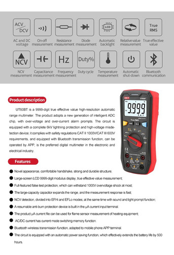 Ut60bt Multimetro Bluetooth 1000v 10a Ac-dc Ohm Comprobador