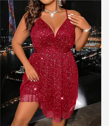 Vestido Fiesta Gasa Roja Puntos Plata Xl Y 4xl Grande