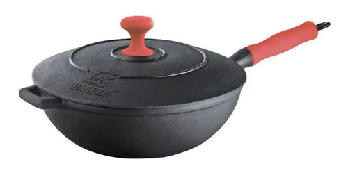 Panela Wok Em Ferro Fundido Com Alça Silicone Vermelha