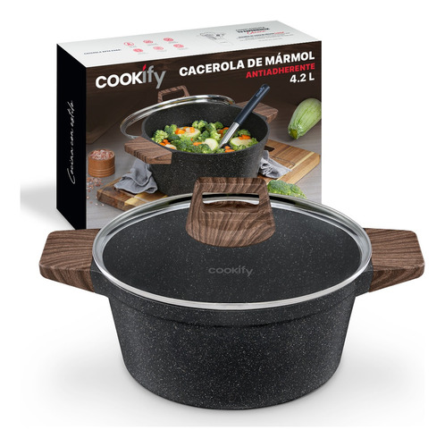 Olla Cacerola Antiadherente 24 Cm Con Tapa Cookify 4.2 Lts. | Stone-tech Series | Libre De Pfoa, Cocción Uniforme, Mango Ergonómico. Color Mármol Negro