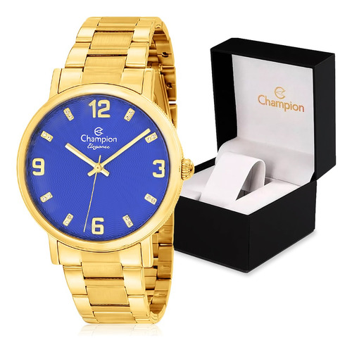 Relógio Champion Grande Dourado Fundo Azul 40mm Feminino