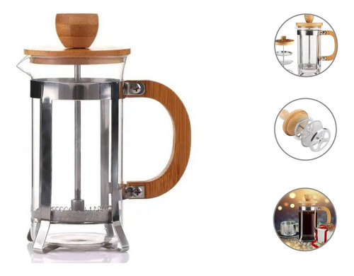 Jarra Cafetera Francesa Émbolo Manual 600ml Vidrio Madera 