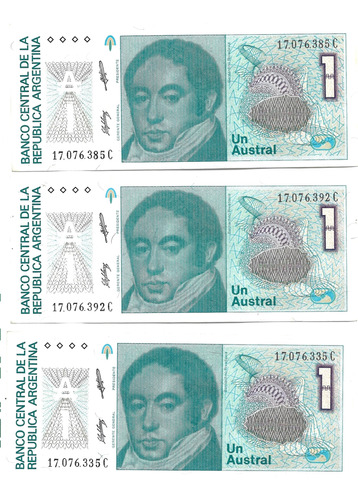 Lote 3 Billetes De Argentina. 1 Austral Consecutivos Unc
