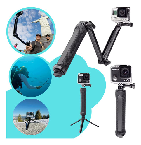 Kit Bastao Retrátil Selfie Gopro Hero 7 6 5 4 3+ Tripé 3 Way