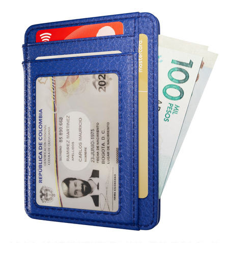 Billetera Tarjetero Portadocumentos Wallet Card Holder Bloqueo Rfid Cuero Pu Hombre Mujer Azul