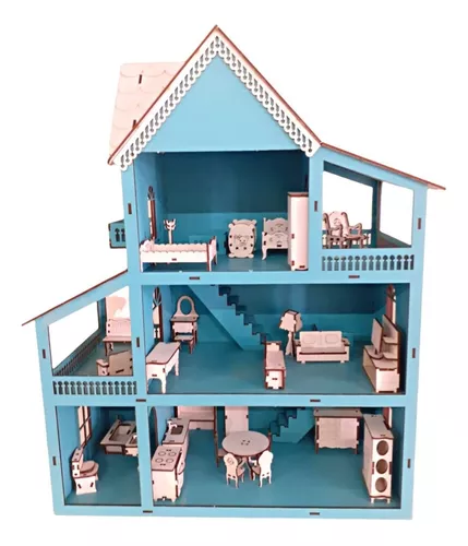 Casinha Casa de Boneca Barbie Polly Pintada 25 Móveis Madeira Mdf