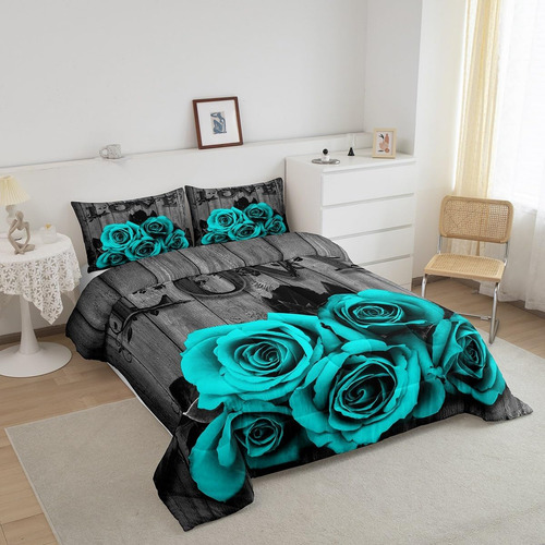 Juego De Ropa De Cama Gris Turquesa, Juego De Edredón Con Fl