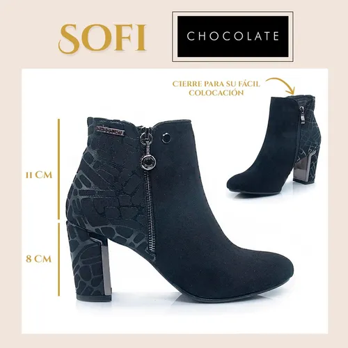 Botineta Chocolate Sofi Negra Gamuza Mujer Moda Importada