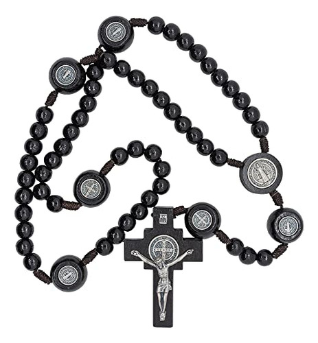 Saint Benedict Rosary | Black Wooden Rosary And Silver-...