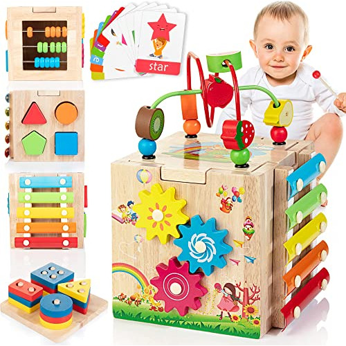 Woodmam Wooden Activity Cube For Toddlers 1-3, 8 In 1 59tzb