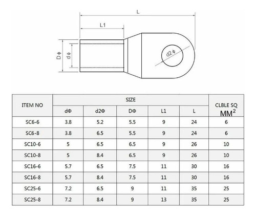 Pack 12 Terminal Bateria Sc10-8 Cable 8mmcuadrado Hoyo 8 Mm