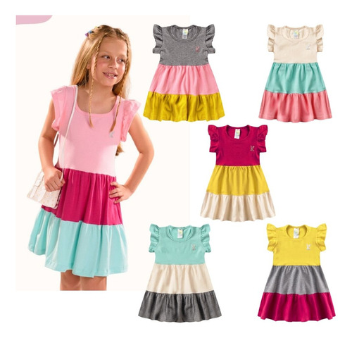 4 Vestidos Coloridos Verão Infantil Menina Rodado Babado