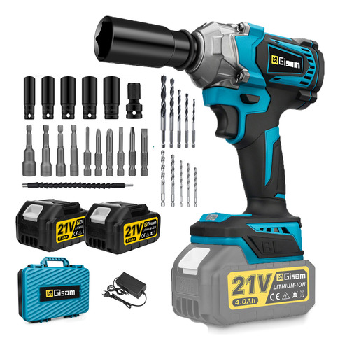 1200N.m Llave De Impacto Inalámbrica Con 2 Baterías de 4.0ah Y 33 Accesorios, Gisam W3732 Color Azul