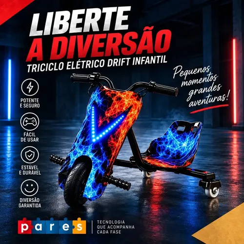 Patinete Elétrico Infantil Triciclo PARES Drift Bluetooth 3 Rodas Vermelho Diversão e Lazer + Kit de segurança