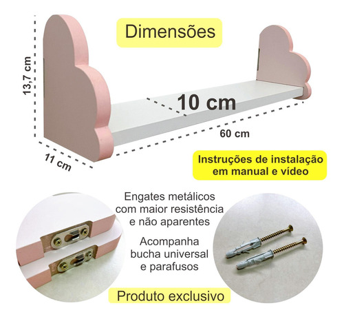 4 Prateleiras Nuvem Colorida Quarto Decoração Infantil 60cm