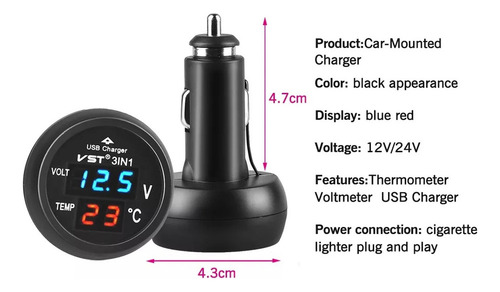 Cargador De Coche Usb 3 En 1, Voltímetro Y Termómetro Led