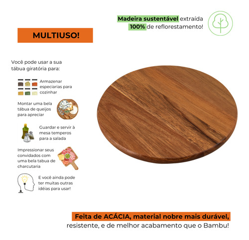 Organizador Giratório Cozinha Temperos Madeira Acácia 25cm