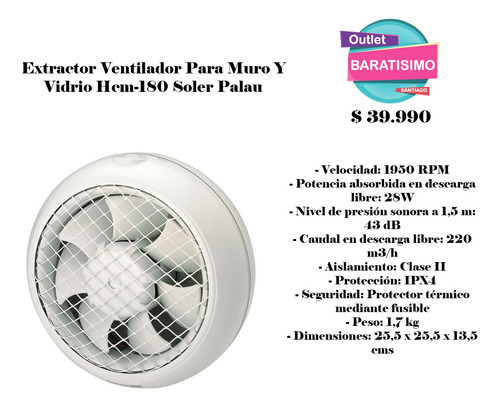 Extractor Ventilador Para Muro Y Vidrio Hcm-180 Soler Palau