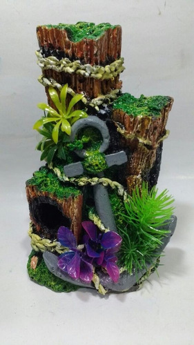 Enfeite Aquário Portal Ancora Toca Com Plantas 12x12x19cm