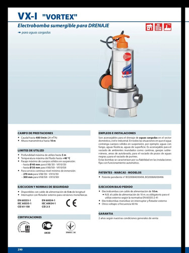 Bomba Sumergible Pedrollo 1hp Acero Inoxidable Vxm 10/50