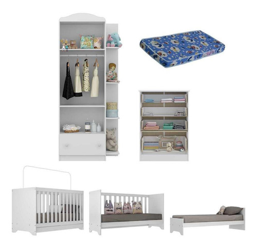 Imagem 5 de 8 de Quarto Infantil C/ Berço 3x1 Colchão Multimóveis Fg3034 Bco