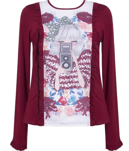 Blusa Manga Longa Estampada Gola Redonda Blusinha 531945