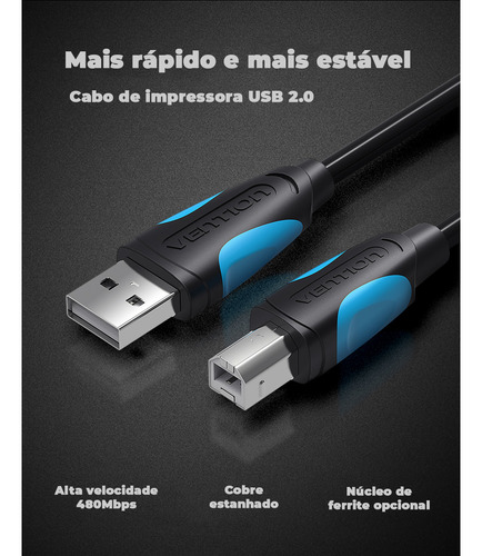 Cabo USB para impressora 2.0 Universal 1,5m Metros cabo usb tipo b cabo para multifuncional macho-macho 480mbps Plug & Play compatívem com HP Epson Canon Brother Samsung Lexmark Preto Vention